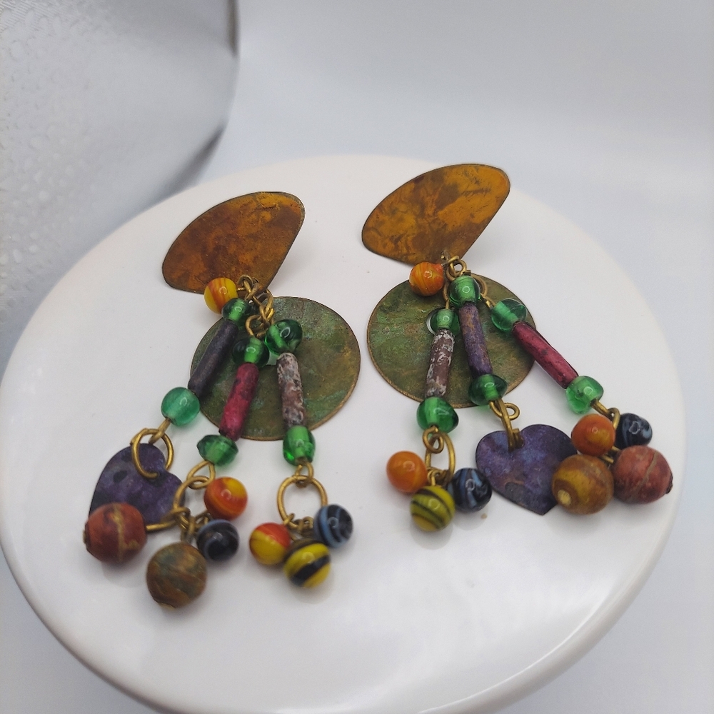 Vintage Metal Matted Multicolored Dangle Earrings w/ Beads.
